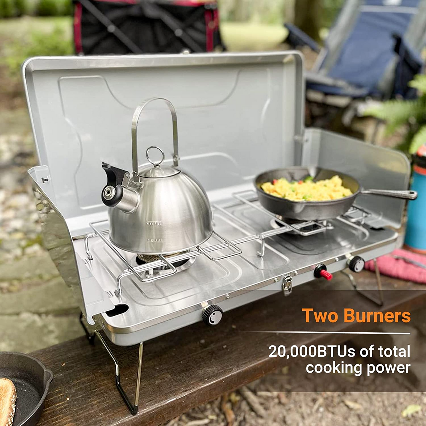 Portable Propane Camping Stove w 2 Burners, 20000 BTU , Easy to clean and carry