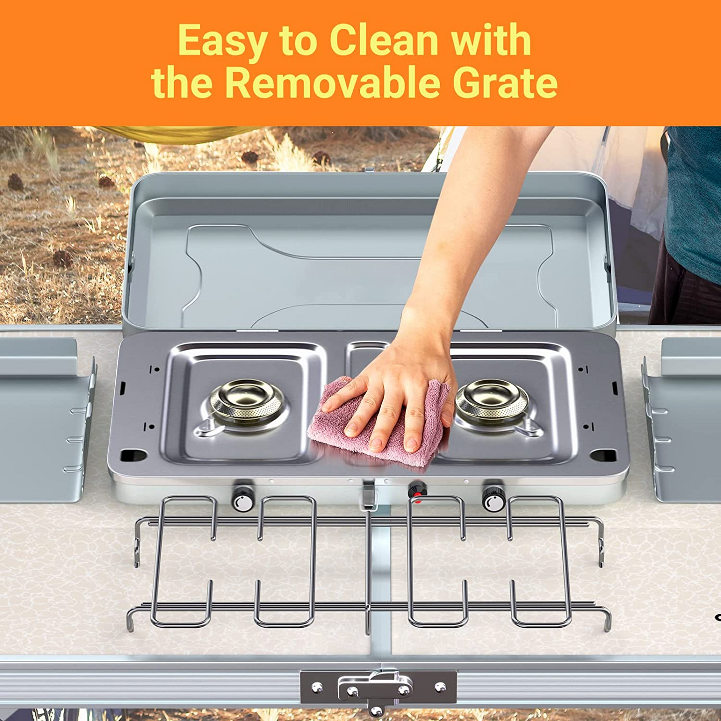Portable Propane Camping Stove w 2 Burners, 20000 BTU , Easy to clean and carry