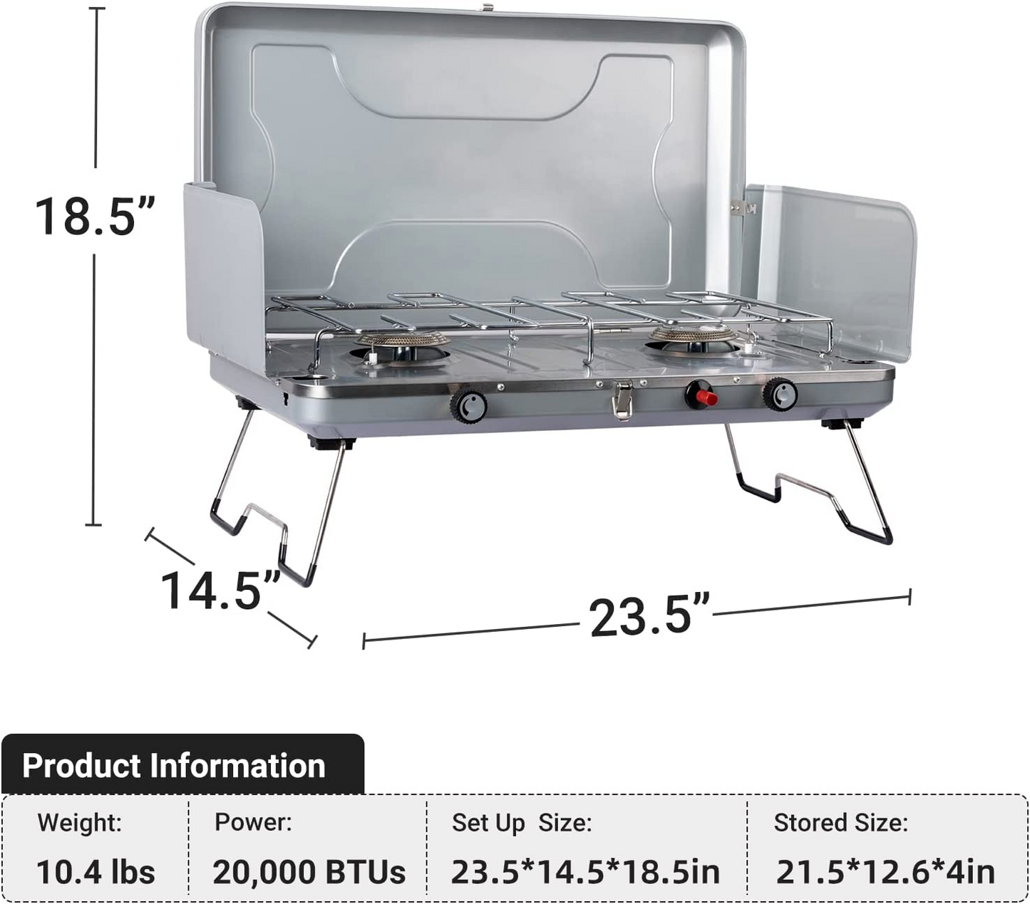 Portable Propane Camping Stove w 2 Burners, 20000 BTU , Easy to clean and carry