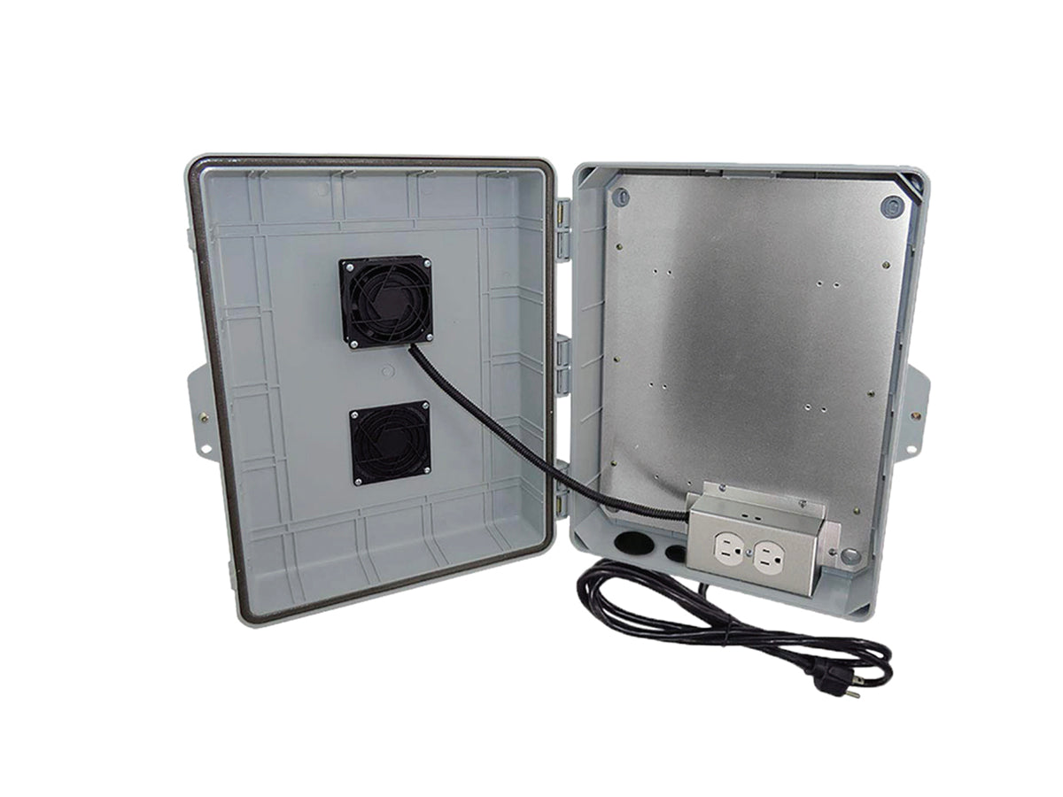 NEMA17x14F Vented NEMA Enclosure (15.7" x11.89" x 4.8" Inside Space) Polycarbonate + ABS Weatherproof with Cooling Fan, Aluminum Equipment Mounting Plate, Pre-Wired 120 VAC Outlets, 5 Ft Power Cord
