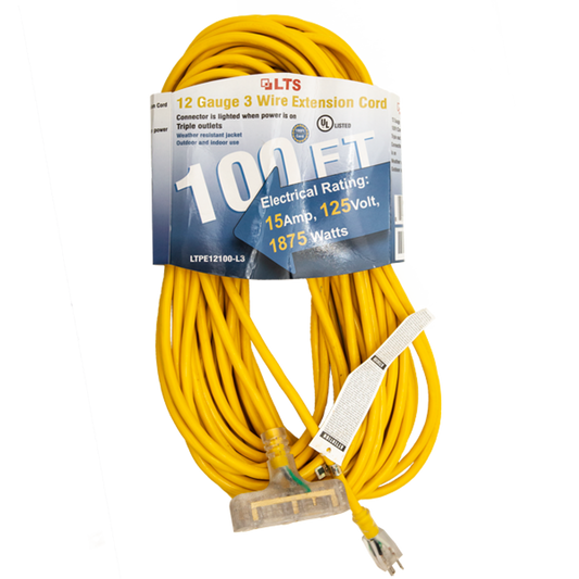 LTPE12100-L3,Yellow, Power Extension Cord,100ft,Triple outlet
