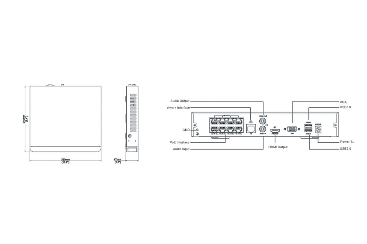 TI-NR108P8 NDAA Compliant 8 channel Plug & Play NVR with 8 independent PoE ports built-in, Ultra 265/H.265/H.264 video formats, ONVIF conformance